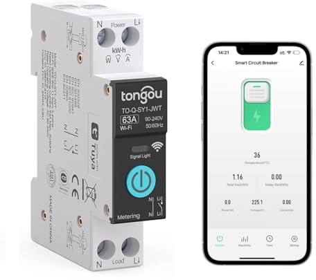 Interruptor Medidor Energia, Disyuntor Inteligente WiFi 1P Compatible con Alexa, Google Assistant, Smart Life, TUYA, Interruptor Inteligente DIY 63A con Control Remoto y Función de Tiempo