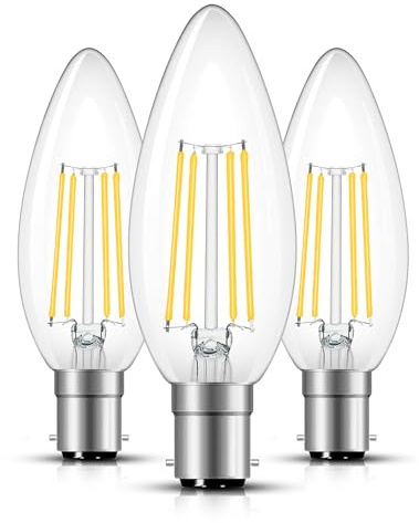 Flaspar Small Bayonet Light Bulb, 4W B15 LED Filament Candle Bulb 40W Incandescent Bulbs Equivalent, 2700K Warm White, C35 B15 Bulbs for Chandelier, Pack of 3