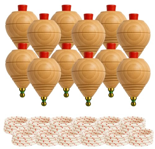 Peonza Madera para Niños Pack 12 Trompos + 12 Cuerdas | Packs de 2-4-6-8-12-16... Unidaes. | Hecho a Mano en España con Punta Redonda.
