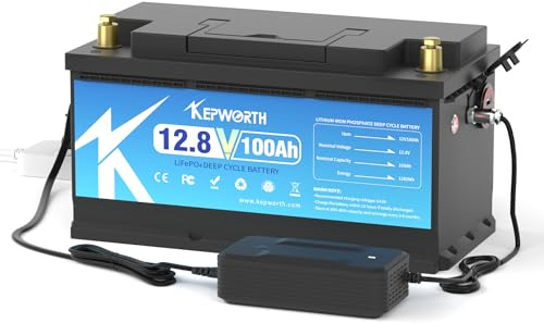 KEPWORTH Lithium Batterie 12V 100Ah 1280Wh LiFePO4 Deep Cycle Batterien Gruppe 49 mit 7A ladegerät, 100A BMS, perfekt für Wohnmobil,Solarpanel Kit,Boot,Solaranlage Komplettset