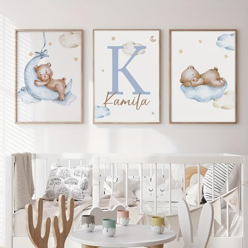 3 Bilder Bär Baby 30X40CM Poster Personalisiert Kinderzimmer Bilderwand Kinder Leinwandbild Kinderzimmer Jungen Bilder Teddybär Poster Babyzimmer Junge Leinwand Blau Beige ohne Rahmen
