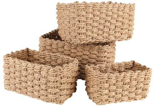 PYserne 4 Pcs Wicker Basket, Small Wicker Baskets for Hampers Gift Multifunctional Storage Baskets Empty Bin Organizer Divider for Office Bathroom Bedroom Kitchen Storage 4 Sizes