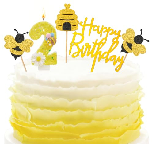 Zahl 2 Bienenblumenkerze,Tortendeko Biene 2.Geburtstag,Gelb Bieneblume Geburtstagskerzen,Honigbienenkuchenkerzen Toppers,Tortendeko Geburtstag Mädchen
