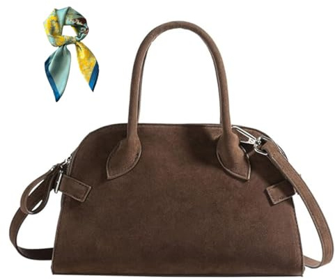 Generisch Vintage Faux Suede Tote Bag for Women,Top Handle Handbag Fall Purses,Retro Shoulder Satchel with Adjustable Strap (Coffee)