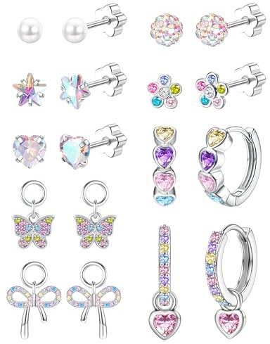 Örhängen för kvinnor flickor – allergivänliga örhängen kirurgiskt stål barn silver medicinska örhängen rosa barn örhängen blomma stjärna hjärta sleepers örhänge set flerfärgade brosk piercing öra