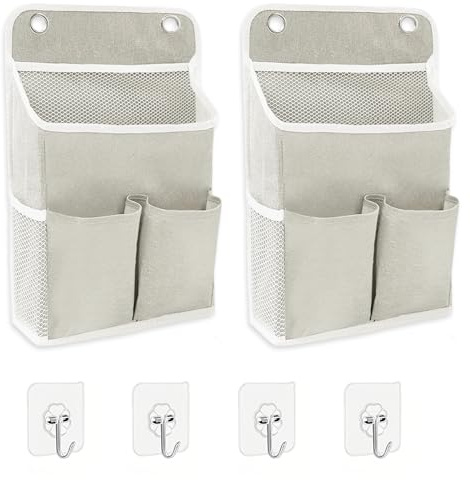 Foonary Organizzatore a parete in tessuto con 4 ganci, 2 unità, cestino in lino con tasche, organizer resistenti all'acqua, pieghevoli, per bagno, camera da letto, ufficio, roulotte Airstream