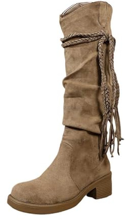 Bottes western pour femme - Avec franges - Avec talon bas - Plateforme - En daim - Automne - Hiver - Bottes d'hiver - Bottes à lacets - Bottes en caoutchouc - Bottes de neige, Kaki 01., 37 EU