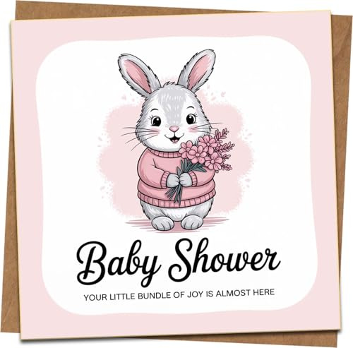 Grußkarte zur Babyparty – niedlicher Hase mit Blumen, rosa quadratisches Design, 145 mm x 145 mm – inklusive Kraftumschlag – Karte zur Feier der Geburt