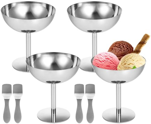 Calolin 4 Pcs Ice Cream Cups, High-footed Dessert Serving Bowls, Reusable Stainless Steel Sundae Cups with Spoons, Round Yogurt Cups, Salad Snack Globets, Fruit Pudding Bowls for Parties, Bars