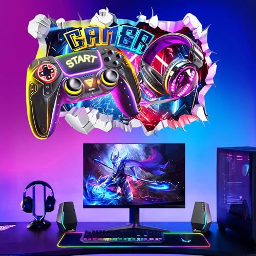SneiDr Stickers Muraux Enfant Gamer 3D Autocollant Mural Gaming | Jeu Et Manette Effet Visuel 3D Console Deco Gaming Chambre Enfant Ado Chambre Gamer Decoration Murale