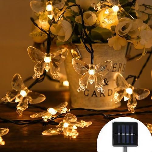 Solar Lichterkette Aussen Schmetterling, 7M 50 Solar Led Schmetterlinge, 8 Modi lichterkette Sommer für Innen und Auße, IP65 Wasserdicht für Garten Deko, Balkon, Terrasse, Baum, Party,Warmes Weiß