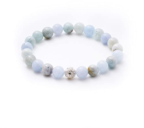 BERGERLIN Aquamarin Armband - Perlenarmband aus echtem Naturstein mit 925 Sterling Silberperle