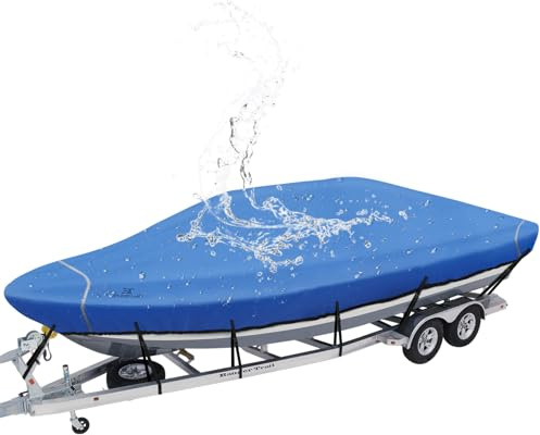 Explore Land 900D Trailerable Waterproof Boat Cover Fits 14'-16'Long Beam Width up to 76 V-Hull Tri-Hull Runabout Fishing Ski Pro-Style Bass Boats, Blue