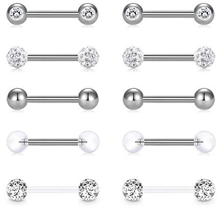 Incaton 14G 5 Pairs Nipple Rings Tongue Ring Surgical Steel Nipplerings Retainer Piercing Women Silver Straight Barbells 12mm-18mm