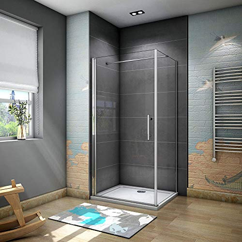 Xinyang Frameless Pivot Shower Door Enclosure 700mm Glass Screen with 900mm Side Panel + Shower Tray Free Wate