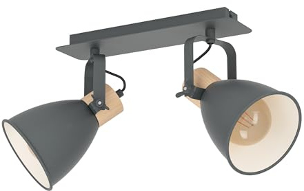 EGLO Deckenlampe Coswarth, 2 flammige Deckenleuchte Vintage, Industrial | Retro, Deckenstrahler aus Stahl und Holz, Wohnzimmerlampe in Anthrazit, Creme-Weiß, Natur, Küchenlampe, Spots mit E27 Fassung
