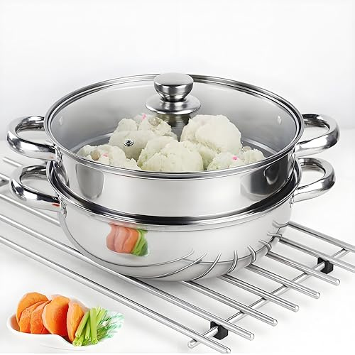 Stainless Steel 2 Tier Steamer Pot - 28cm With Glass Lid for Food and Vegetable Cooking, Dim Sum Cookware, Kitchen Tool