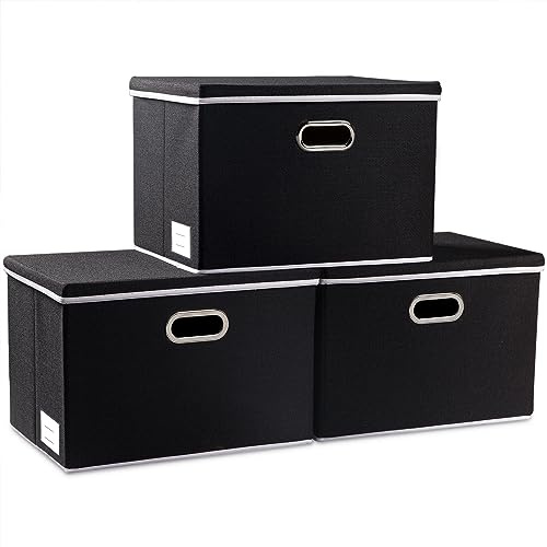 PRANDOM Large Foldable Storage Boxes with Lids [3-Pack] Fabric Collapsible Storage Bins Organizer Containers Baskets Cube with Cover for Home Bedroom Closet Office Nursery Black(17.7x11.8x11.8)