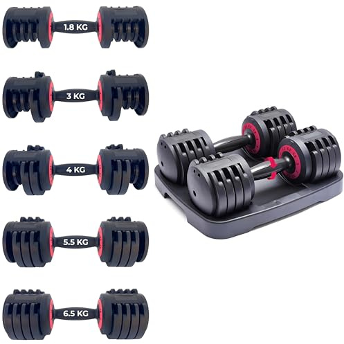 Coppia di manubri regolabili per palestra e casa da 1.8 a 6.5 kg – Set con 5 livelli di peso e base salvaspazio inclusa - Home Gym Ideale per l'allenamento a casa [1.8 kg, 3 kg, 4 kg, 5.5 kg, 6.5 kg]