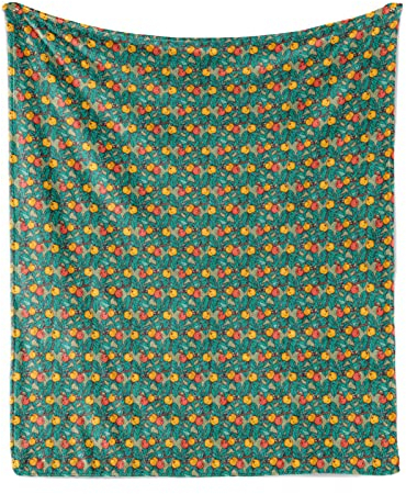 ABAKUHAUS Sommer Weiche Kuscheldecke Sofadecke, Apfelbaum-Frucht-Blätter Kunst, Gemütlicher Plüsch für den Innen- und Außenbereich, 175 x 230 cm, Türkis und Multicolor