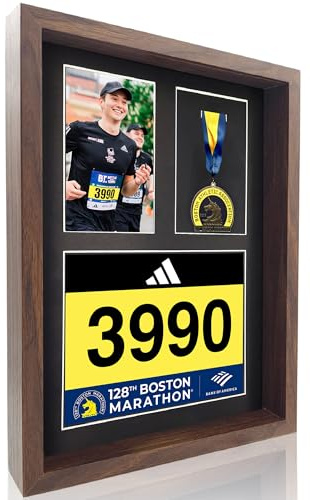 MedalAwardsRack 3-in-1-Schattenbox-Schaukasten, Medaille, Renn-Startnummer und Fotorahmen, Halterung für Marathon- und Triathlon-Startnummern, Wandmontage, gehärtetes Glas, Holzrahmen, Walnuss