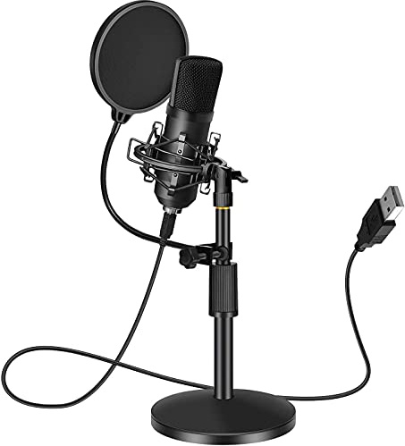 Micrófono profesional USB de estudio de grabación para cantar con trípode para PC PS4 y PS5 portátil a condensador con filtro anti-pop soporte ajustable, araña antigolpes