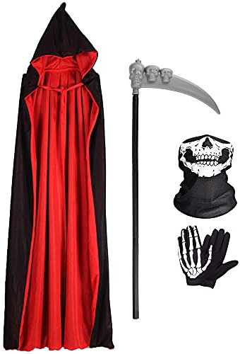 Wishstar Disfraz de vampiro de Halloween, capa con capucha, negro y rojo, disfraz de Halloween, disfraz de Halloween, capa con guadaña, guantes de esqueleto, máscara para unisex, fiesta de Halloween