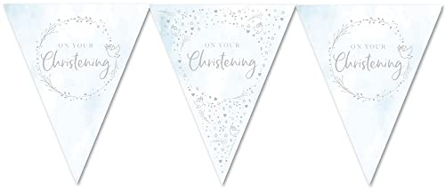 Anniversary House On Your Christening Paper Flag Bunting | Foil Stamped Shiny Design | Blue Silver Christening Party Decorations | 11 Flags Banner Decoration | Banner for Boys | J095