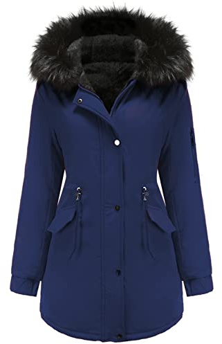 Tuopuda Winterjacke Damen Lang Wintermantel Warm Winter Jacke mit Kapuze Reißverschluss Parka Fleece Gefüttert Mantel Langarm Hooded Jacket Schwarz Kapuzenjacke