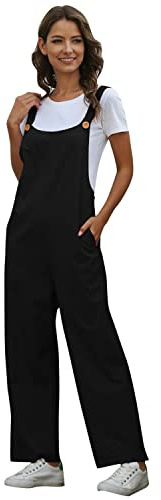 Odizli Latzhose Damen Sommer Locker Lang Weite Hose Overall Jumpsuit Einteiler Playsuit Arbeitslatzhose Große Größen mit Taschen Loose Fit Hoseanzug Romper Schwarz S