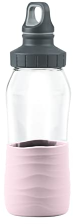 Emsa N31012 Drink2Go Glass Drinking Bottle | Capacity 0.5 Litres | Screw Cap | 100% Leak-Proof/Hygienic/Pure | Silicone Sleeve | Powder Pink
