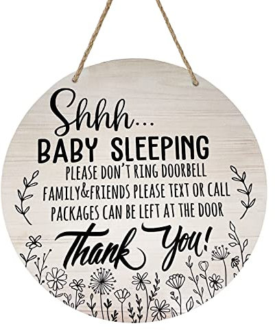 Deroro Baby Sleeping Sign for Front Door, Please Do Not Ring Doorbell Wood Door Hanger for Outdoor Outside Porch Decor, Rustic Wooden Wreath Wall Hanging Decoration for Home