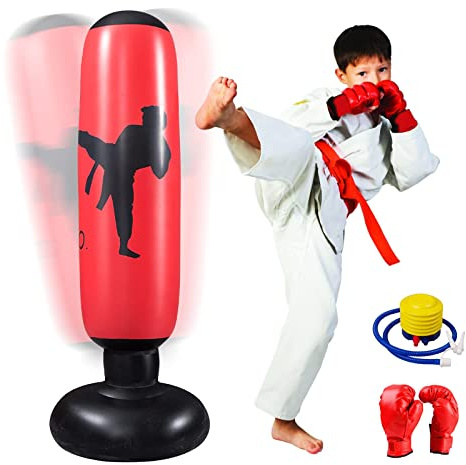 MEYDLL Boxsack Kinder, Aufblasbarer Boxsack,160cm Boxsack Stehend, Standboxsack mit Luftpumpe und Boxhandschuhen für Karate Kickboxen, Trainingsausrüstung, Geschenk für Jungen Mädchen