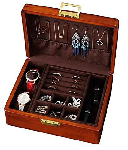 Bescott Joyero de madera para mujer, sólido con cerradura de terciopelo y llave, 2 capas, organizador de joyas de madera vintage, almacenamiento para aretes, anillos, collares, pulseras