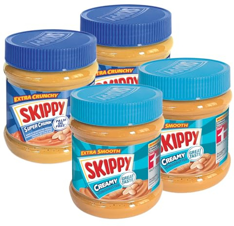 SKIPPY 4x 340g Erdnussbutter | 2x Creamy + 2x Crunchy | Peanutbutter Ohne Palmöl | Extra Smooth und Crunchy | Leckere Erdnussbutter mit vollem und cremigen Geschmack