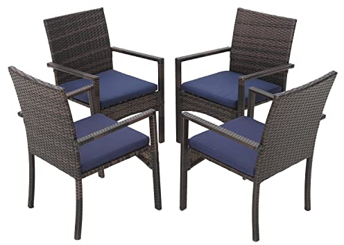 MFSTUDIO Gartenstühle 4er Set, Rattan Stühle Mit Armlehne, Outdoor Kissen Wetterfest, Garten Balkon Terrassen Möbel Set Sessel, Braun und Schwarz