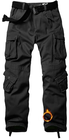 VATINNT Men's Fleece Lined Work Cargo Trousers, Thermal Multi Pockets Camouflage Military Tratical Pants 3358 Black 32