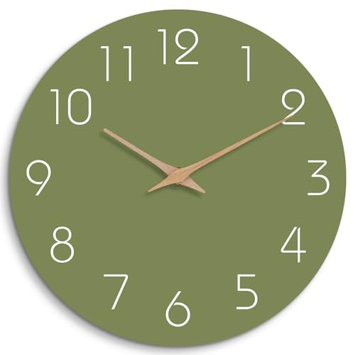 Mosewa Modern Wall Clock Silent Non Ticking 12 Inch Olive Green Battery Operated Simple Minimalist for Living Room Office Bedrooms Kitchen Home Decor