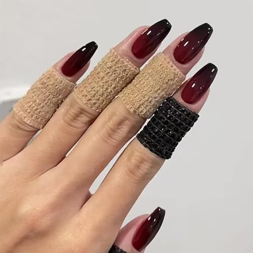Nayyana® 24 Stück mittellange künstliche Nägel zum Aufdrücken, Sarg, weinrot, Farbverlauf, Gothic-Acrylnägel, glänzende künstliche Nägel mit Designs für Frauen