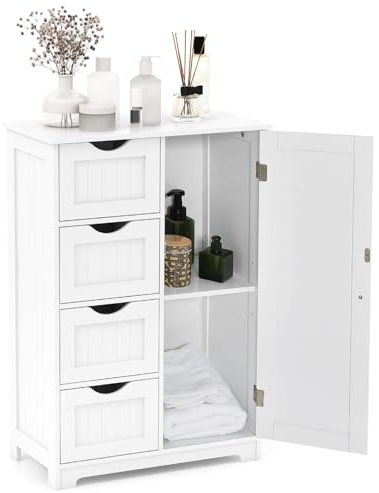 KOMFOTTEU Aufbewahrungsschrank mit verstellbare Ablage, Badschrank mit 4 Schubladen & Tür, Badezimmerschrank 56 x 30 x 82cm, Beistellschrank mit Kippersicherung, für Wohnzimmer Badezimmer (Weiß)