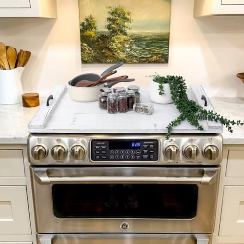 SwallowLiving Wood Noodle Board Stove Cover with Handles, Wooden Stovetop Cover Board for Gas Stove and Electric Stove Top,Kitchen Sink Cover for Counter Space, Cutting Board, White