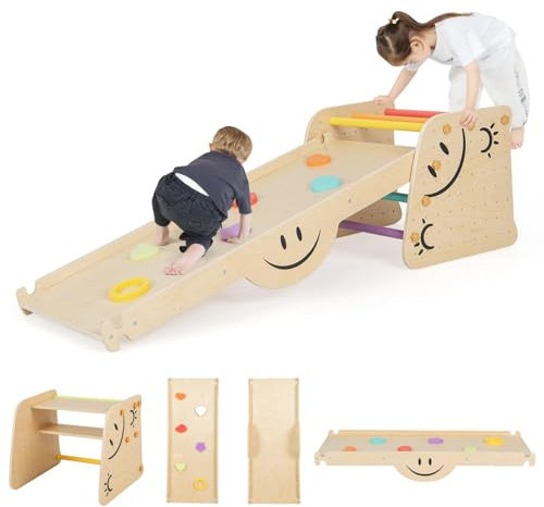 GOPLUS Jeu Escalade Enfant Montesori en Boisa Marchepied, Échelle et Rampe d'escalade réversible, Toboggan, Bascule, Tabouret Enfant pour 1 Ans+ Charge 60KG