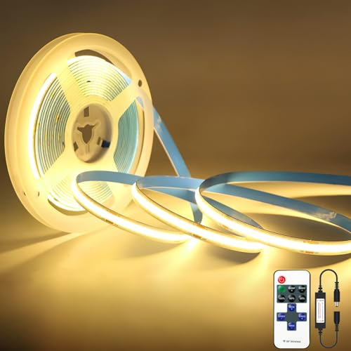 Oraymin Striscia LED COB 5 m, luce bianca calda, 3000 K, dimmerabile, 24 V, flessibile, 480 LED/M, striscia LED con telecomando RF, CRI90+, luce da incasso luminosa per TV