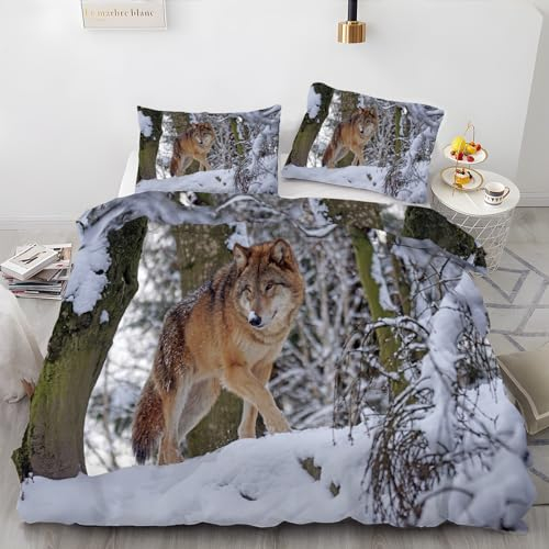 Bettwäsche 140x200 Bettbezug Winter Bettwäsche-Sets Wolf 3D Muster Weich Baby bettwäsche Set Hypoallergen Kinder bettwäsche mit 2 Kissenbezüge 80x80 cm