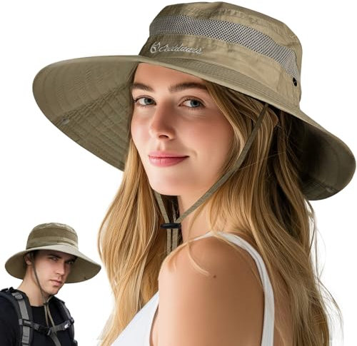 FLEERNIO Khaki Sonnenhut Damen und Herren, Gipfelfreund Sonnenhut Damen Faltbar Sonnenhut Damen UV Schutz 50 Sommerhut Damen, Sonnenhüte für Damen Wanderhut Safari Hut Fischerhut Tropenhut Angelhut