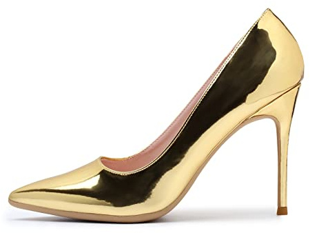 Zhabtuc Tacchi Alti 10 cm, Scarpe Slip-on a Punta da Donna Scarpe con Tacco a Spillo Décolleté da Sposa per Feste Scarpe Basic, Oro, 42 EU