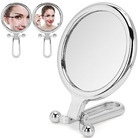 ZJchao Vanity Makeup Mirror, Double Sided Makeup Mirror for Women 5x Magnifying Handheld Mirror, Portable & Foldable Desktop Cosmetic Mirror for Eyes Makeup Travel Table Desk Shaving