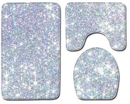 Bad Teppiche Set 3-Teiliges Silber Rosa Abstract WC Vorleger Mit Ausschnitt Badematte Saugfähig WC Deckelbezug Badvorleger rutschfest Waschbar Toilettensitzbezug Badgarnitur (45x75cm)