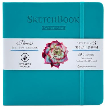 Mypaperworld quadratisch Aquarell Skizzenbuch 300 g/m² 100% Baumwolle, Aquarellpapier, 16x16cm säurefrei, 24 Blatt, 48 Seiten Kalt Gepresst- - Türkis