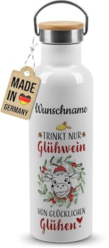 Print Royal PR Personalisierte Edelstahl-Trinkflasche mit Name - Glühwein von glücklichen Glühen - Geschenke für Glühweinliebhaber, Weihnachten, Advent | Thermosflasche Weiß, 750 ml